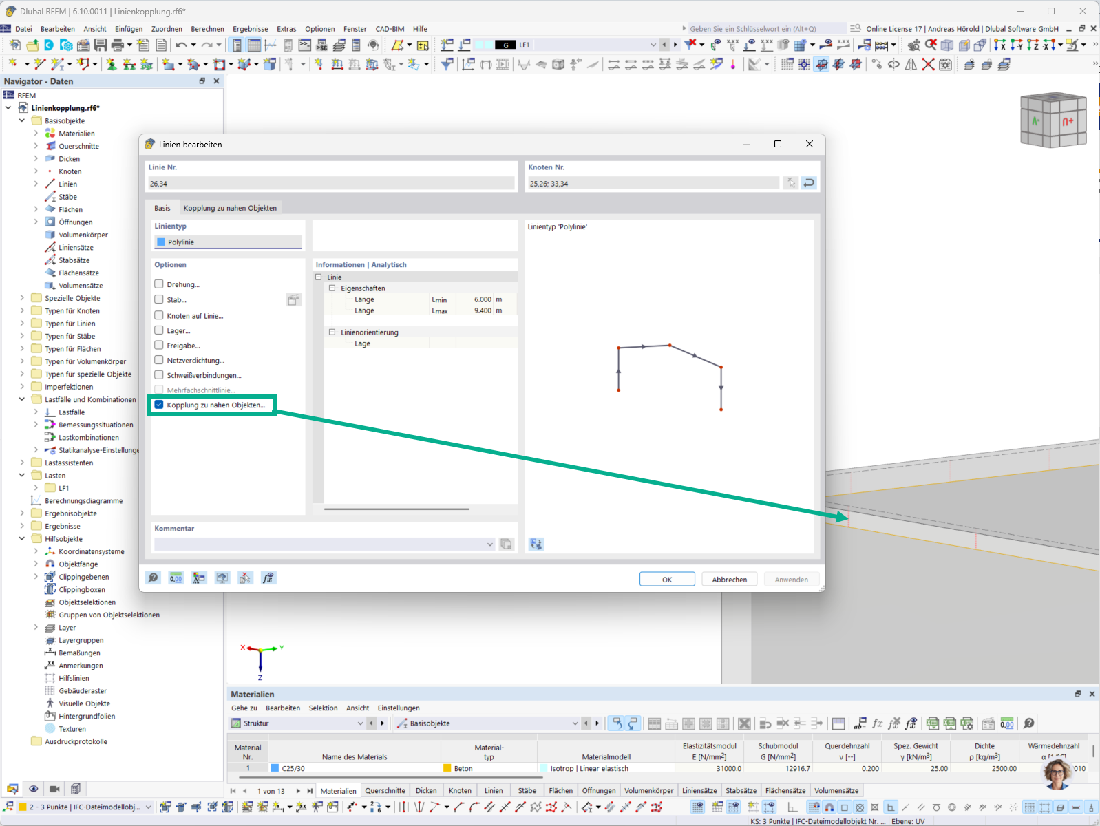 Benachbarte Objekte werden mit starren Kopplungen verbunden und Einstellungen für die Suche festgelegt.