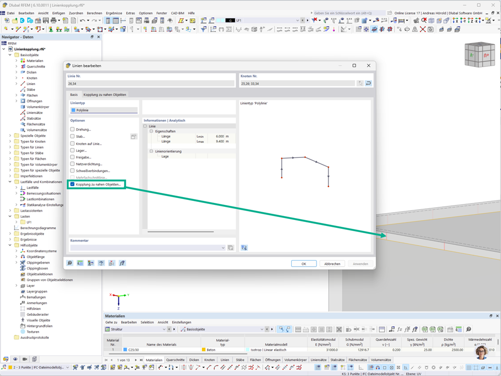 Benachbarte Objekte werden mit starren Kopplungen verbunden und Einstellungen für die Suche festgelegt.