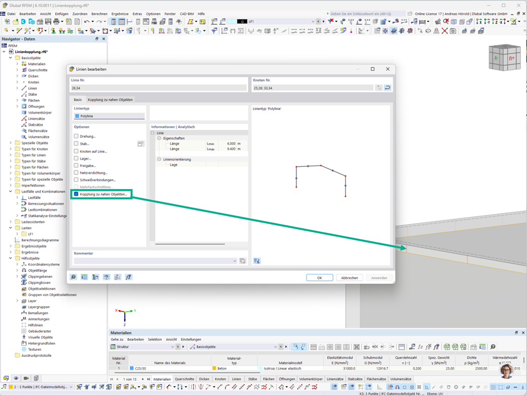 Benachbarte Objekte werden mit starren Kopplungen verbunden und Einstellungen für die Suche festgelegt.
