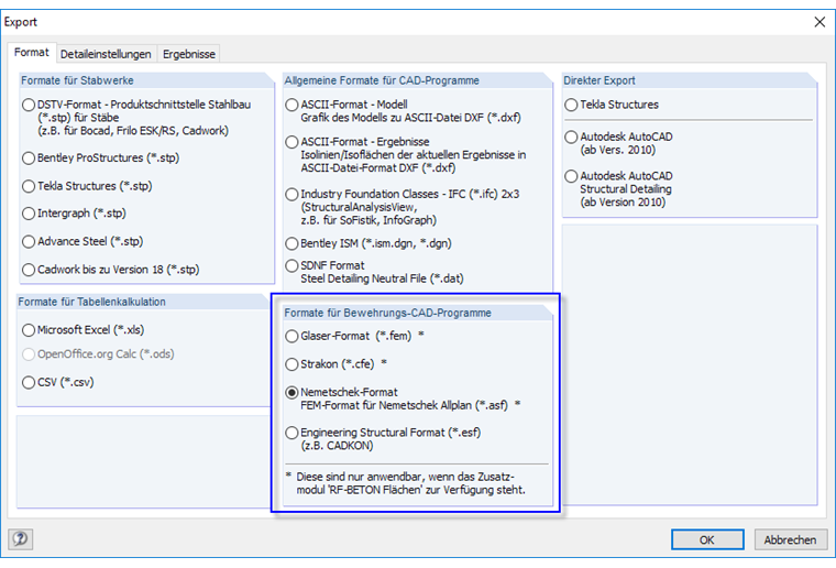 Das Register 'Format' im RFEM-Exportdialog zeigt verschiedene Dateiformatoptionen, Konfigurationen und Einstellungen für den Datenexport.