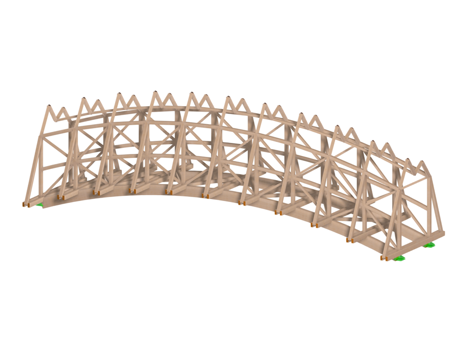 Modell einer Fußgängerbrücke aus Holz, erstellt in RFEM 6 mit dem Add-On Holzbemessung.