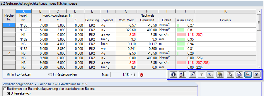 Benutzeroberfläche mit verschiedenen Schaltflächen zur Ergebnisauswertung zur Verbesserung der Analyseeffizienz.