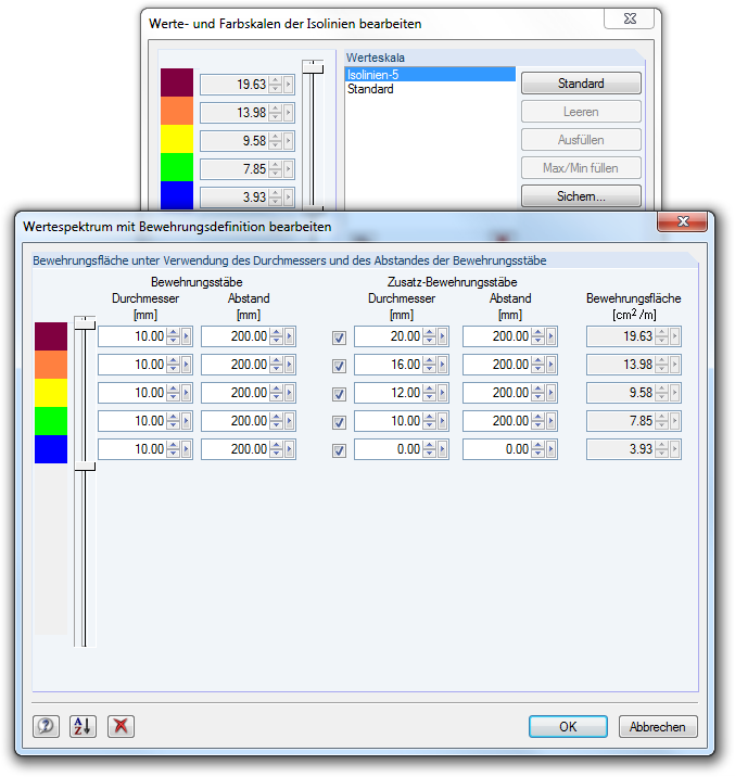 Dialog mit Bewehrungsstabdurchmessern und -abständen in einem Wertspektrum auf dem Bildschirm.