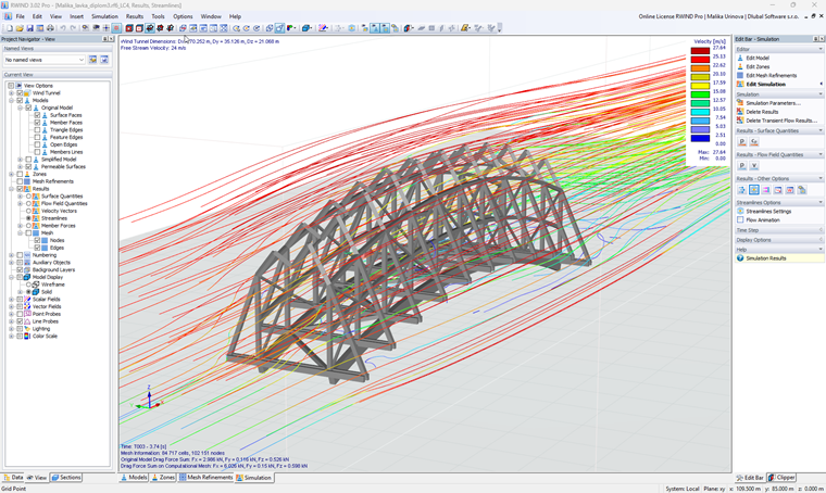 Die Windanalyse der Fußgänger- und Fahrradbrücke zeigt anhand einer Simulation in RWIND 3 die Strömungsmuster und die Konzentration der Windlasten.