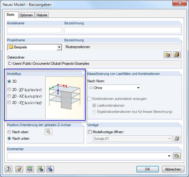Dialog mit Optionen zur Auswahl des Statikmodelltyps in der Modellierungssoftware.