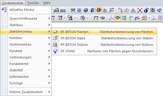 Benutzeroberfläche von RF-BETON Flächen in einer Bemessungsanwendung mit verschiedenen Menüpunkten für die Bemessung von Betonflächen.