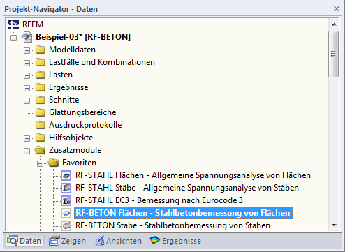 Übersicht über die Optionen des Zusatzmoduls RF-BETON Flächen im Daten-Navigator der Statiksoftware.
