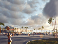 3D-Rendering des modernisierten Terminals am Flughafen Aimé Césaire auf Martinique, einschließlich einer roten Kugel, die den Mont Pelée symbolisiert | © AIA Life Designers, Architekten