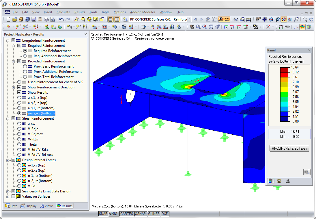 Ein Screenshot zeigt das RFEM-Arbeitsfenster mit dem Ergebnisnavigator für RF-BETON Flächen, in dem die Analyseergebnisse für die Bemessung von Betonkonstruktionen hervorgehoben sind.