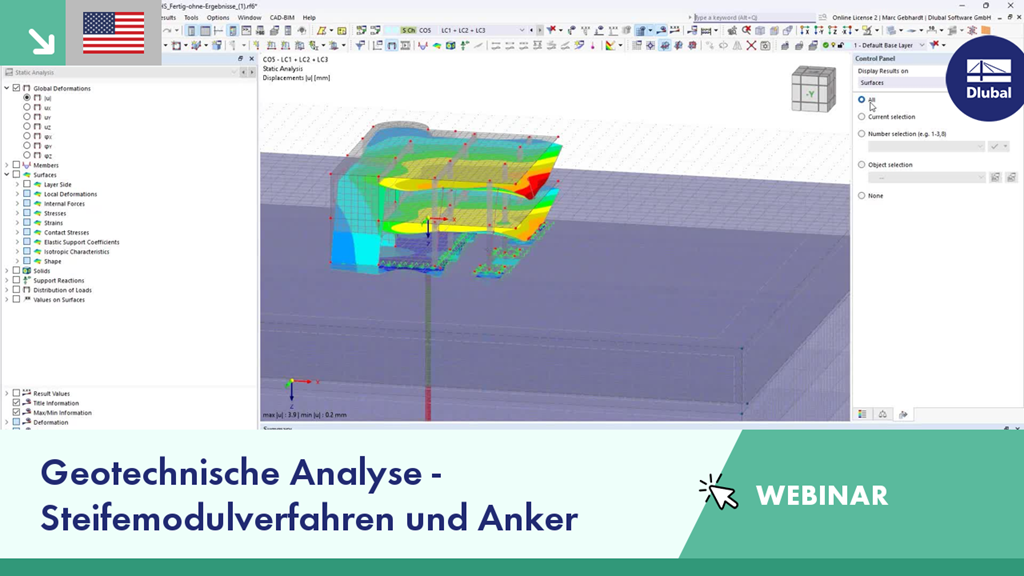 Webinar-Folie zur geotechnischen Analyse in RFEM 6 mit Schwerpunkt auf dem Steifemodulverfahren und Ankertechniken.