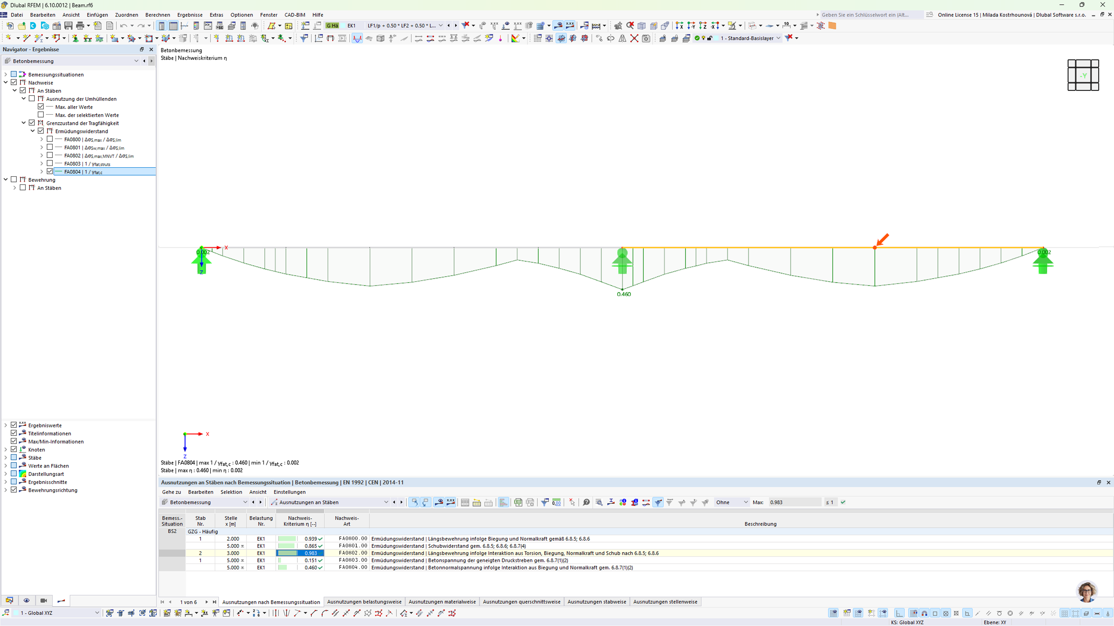 Detaillierte Darstellung der Betonbemessung mit Nachweisen, Eingangsdaten und Ergebnissen, Tragfähigkeits- und Gebrauchstauglichkeitsprüfung.