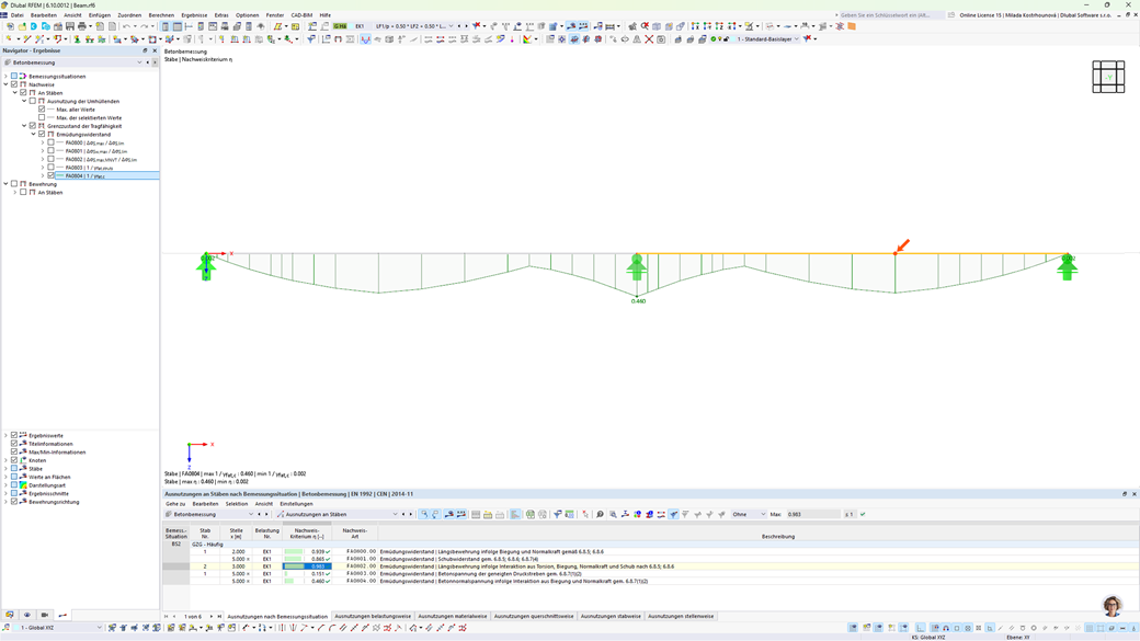 Detaillierte Darstellung der Betonbemessung mit Nachweisen, Eingangsdaten und Ergebnissen, Tragfähigkeits- und Gebrauchstauglichkeitsprüfung.