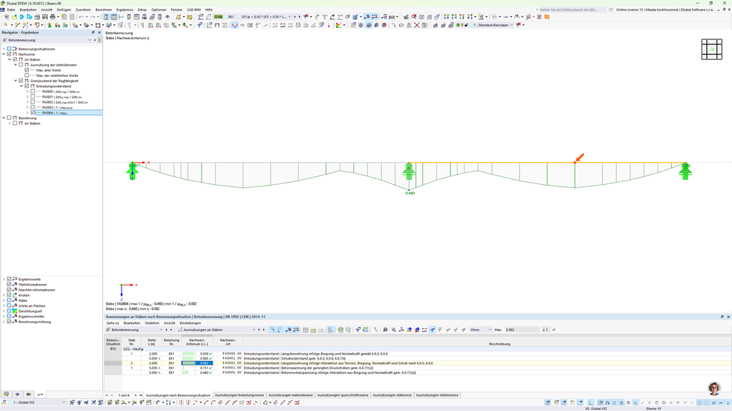Detaillierte Darstellung der Betonbemessung mit Nachweisen, Eingangsdaten und Ergebnissen, Tragfähigkeits- und Gebrauchstauglichkeitsprüfung.
