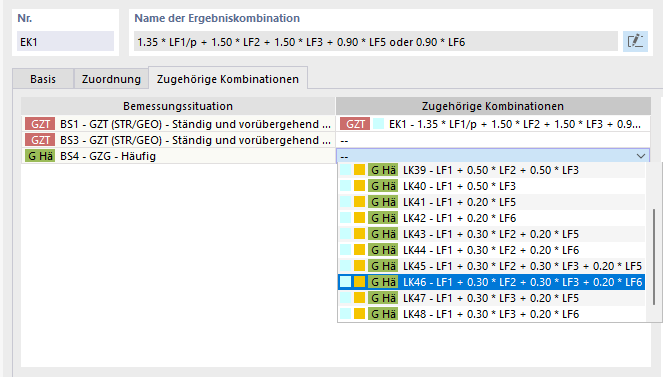 Zugehörige Kombinationen für Bemessungssituationen festlegen