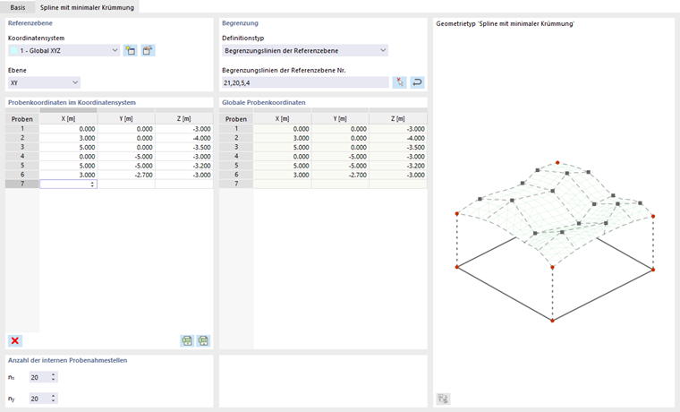 Splinefläche mit minimaler Krümmung definieren