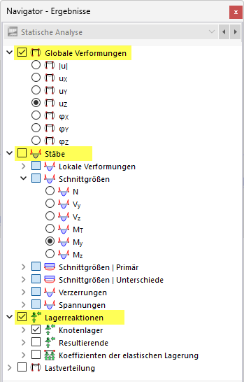 Ergebnisse im Navigator für Stäbe mit Spanngliedern auswählen