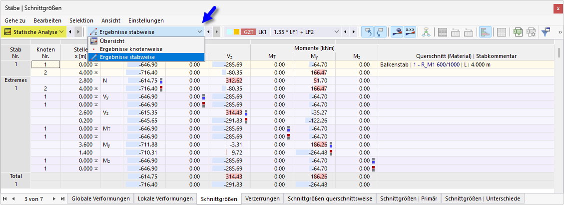 Anzeige von Ergebnissen für Stäbe mit Spanngliedern in einer Tabelle. Unterstützung der bestimmten Auswahl aus den Ergebnissen.