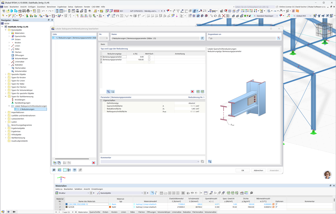 Dialog zur Eingabe lokaler Querschnittsreduzierungen in der Stahlbemessung für den Zugnachweis mit Angabe der Reduzierungen als absoluter Wert oder Prozentsatz.