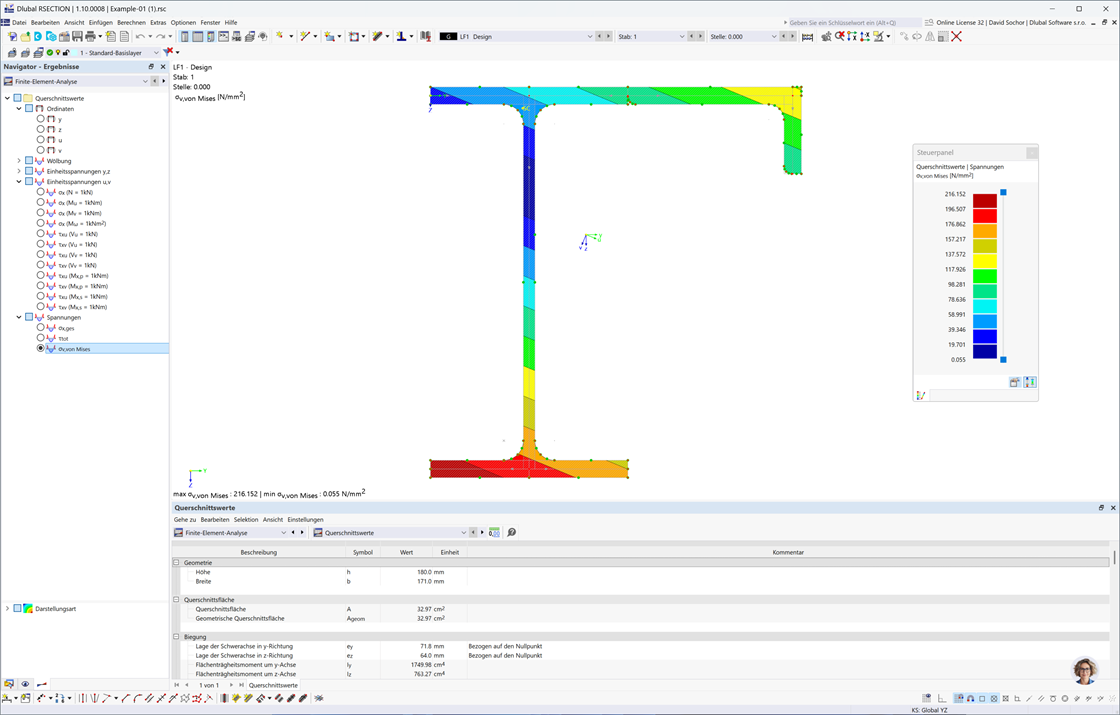 Tabellarische und grafische Darstellung der Querschnittseigenschaften und Spannungsverteilung für die Bemessung von benutzerdefinierten Querschnitten gemäß EN 1993-1-5.