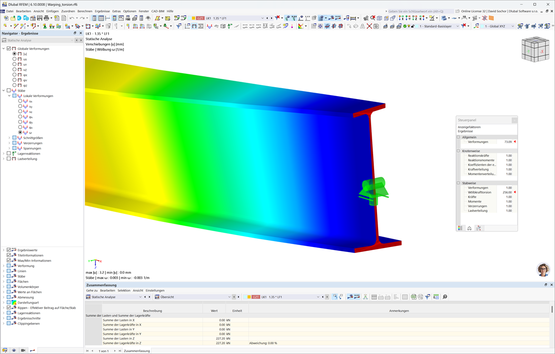 Analyse der Querschnittsverwölbung in der Stahlbemessung mit Schnittgrößen aus der Wölbkrafttorsion.