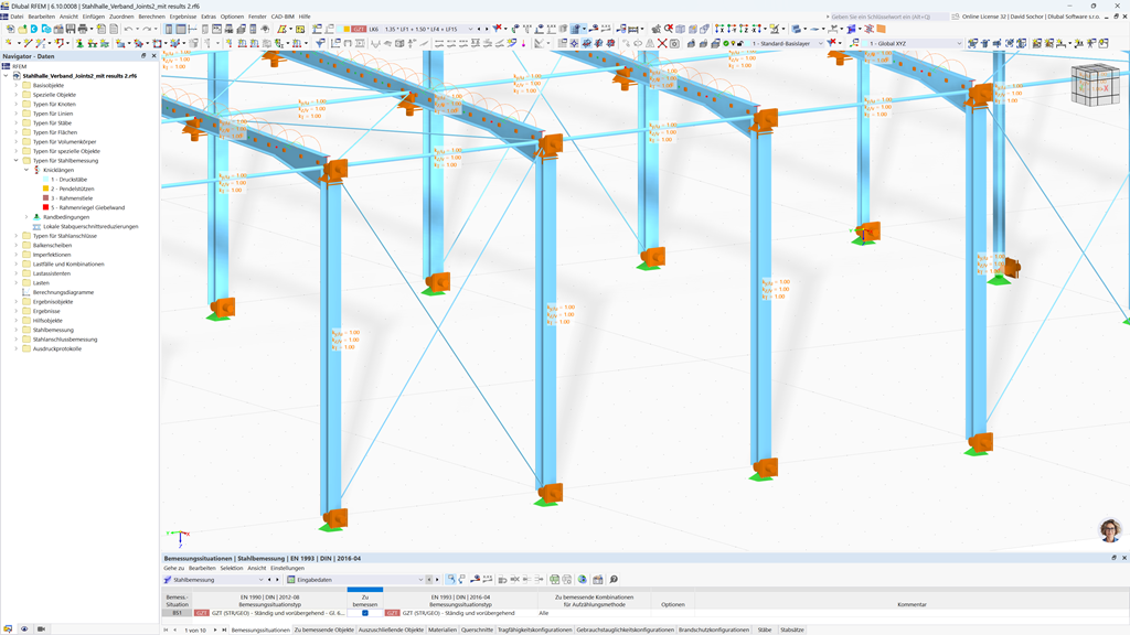 Anordnung von Knotenlagern zur Ermittlung der Knicklängen für Stabilitätsnachweise in statischen Berechnungen.