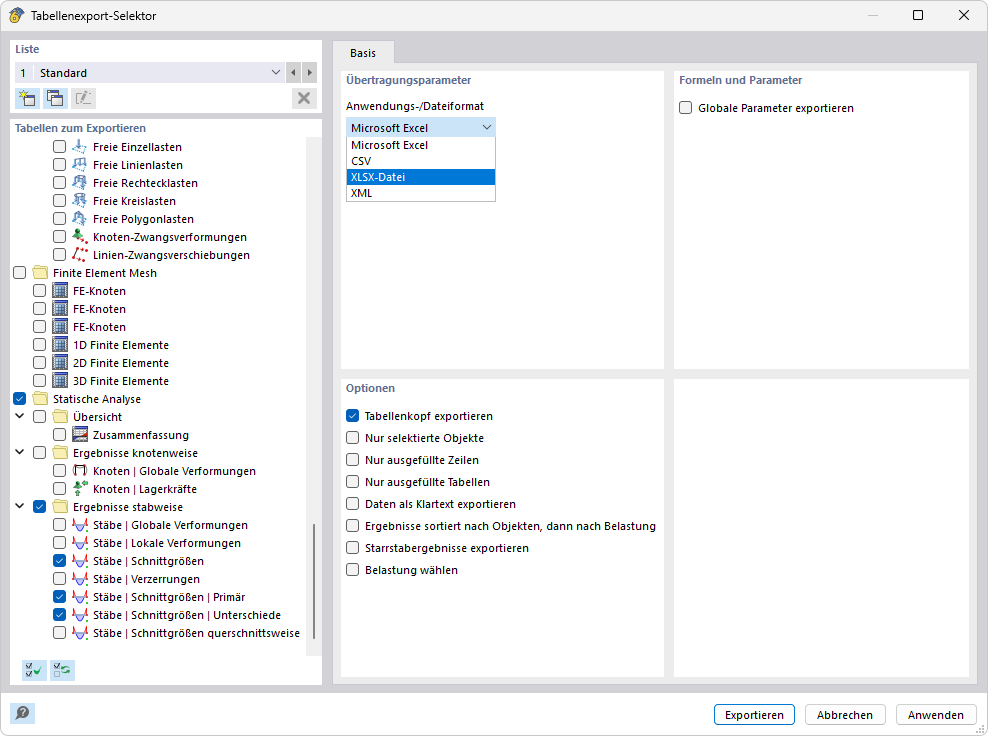 Export der Analyseergebnisse einer Spanngliedberechnung in eine XLSX-Datei.