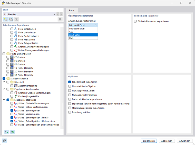 Export der Analyseergebnisse einer Spanngliedberechnung in eine XLSX-Datei.