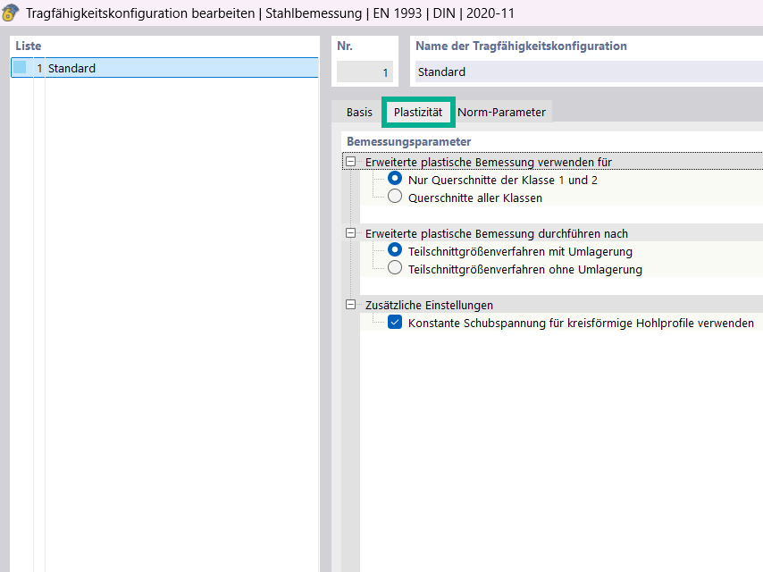 Optionen für teilschnittgrößenbasierte plastische Nachweise nach EC 3.