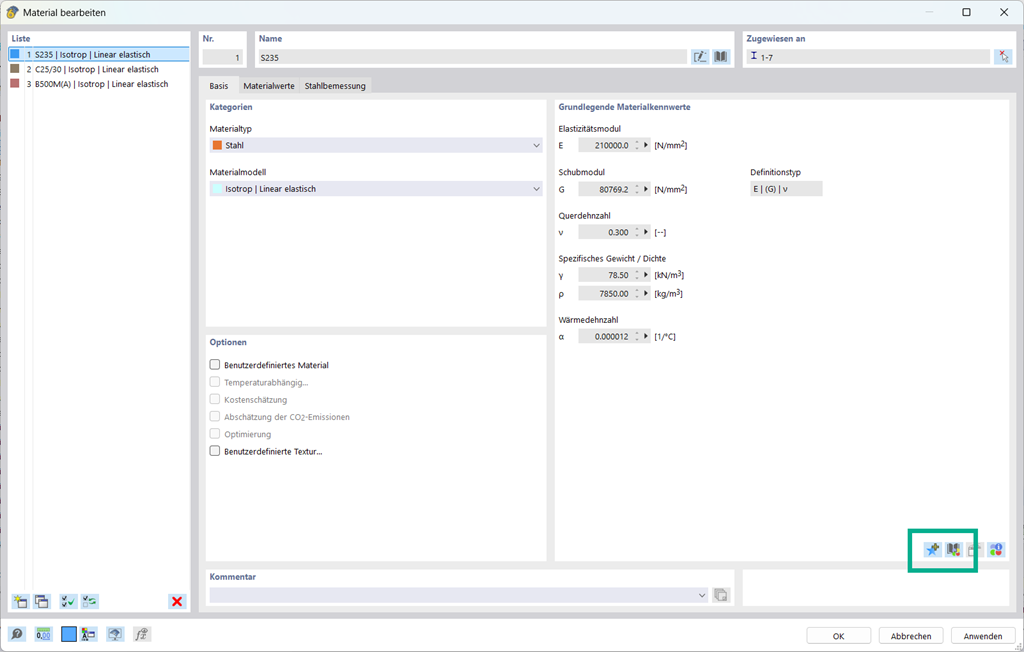 Benutzeroberfläche zur Eingabe benutzerdefinierter Materialdaten in Struktursoftware