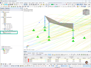 Visualisierung von Strömungslinien bei der Analyse von Windsimulationen in einer Tragwerksanwendung.
