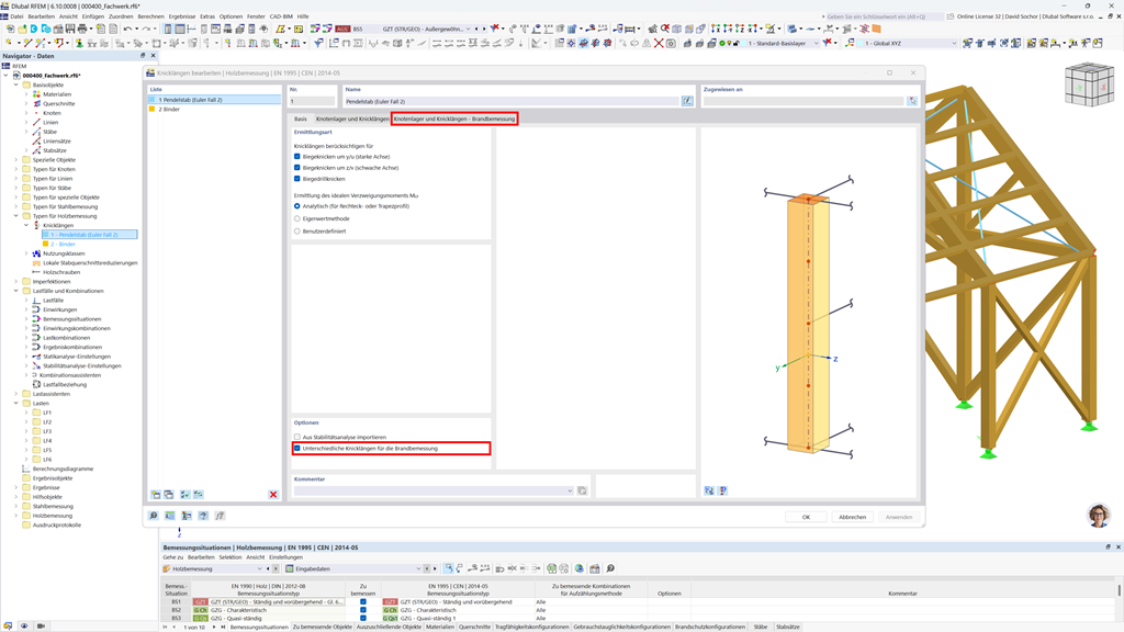 Erklärung der Anpassung der Knicklänge für den Brandschutz in Holzkonstruktionen mit Schwerpunkt auf seitlichen Halterungen.