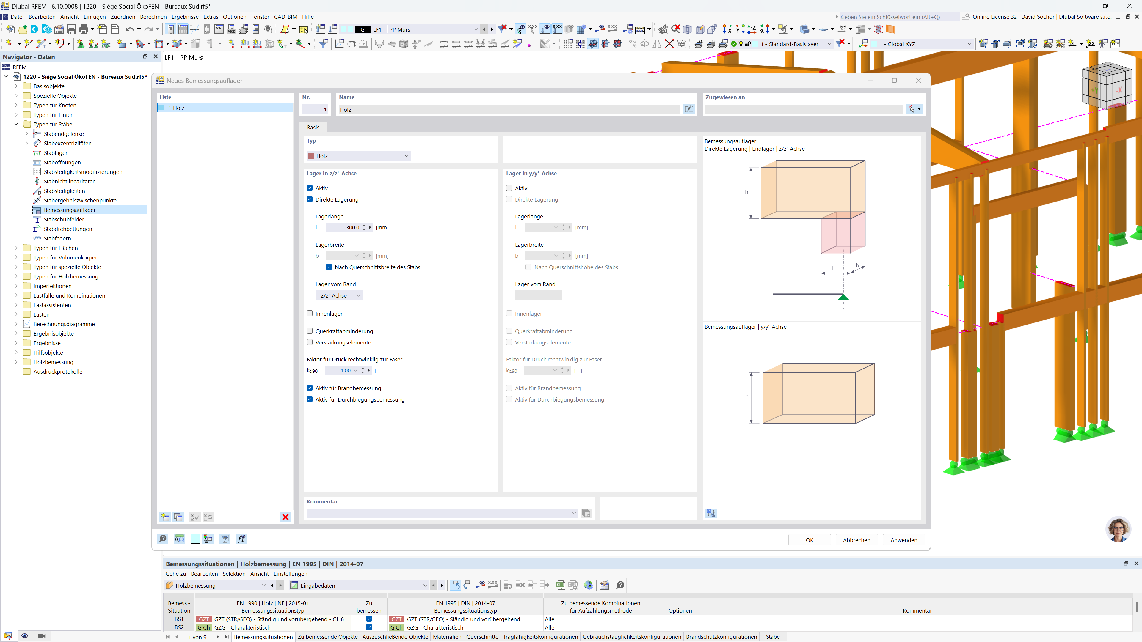 Dialog mit Auflagerdruckeinstellungen für die Holzbemessung, einschließlich Optionen für Lastpunkte in y- und z-Richtung und Faktorenanpassungen.