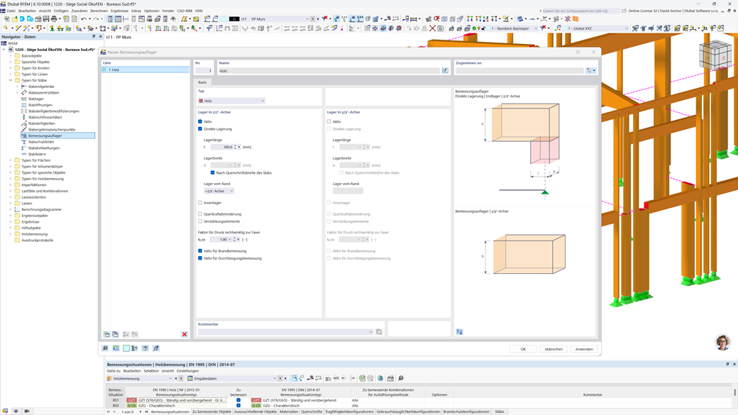 Dialog mit Auflagerdruckeinstellungen für die Holzbemessung, einschließlich Optionen für Lastpunkte in y- und z-Richtung und Faktorenanpassungen.