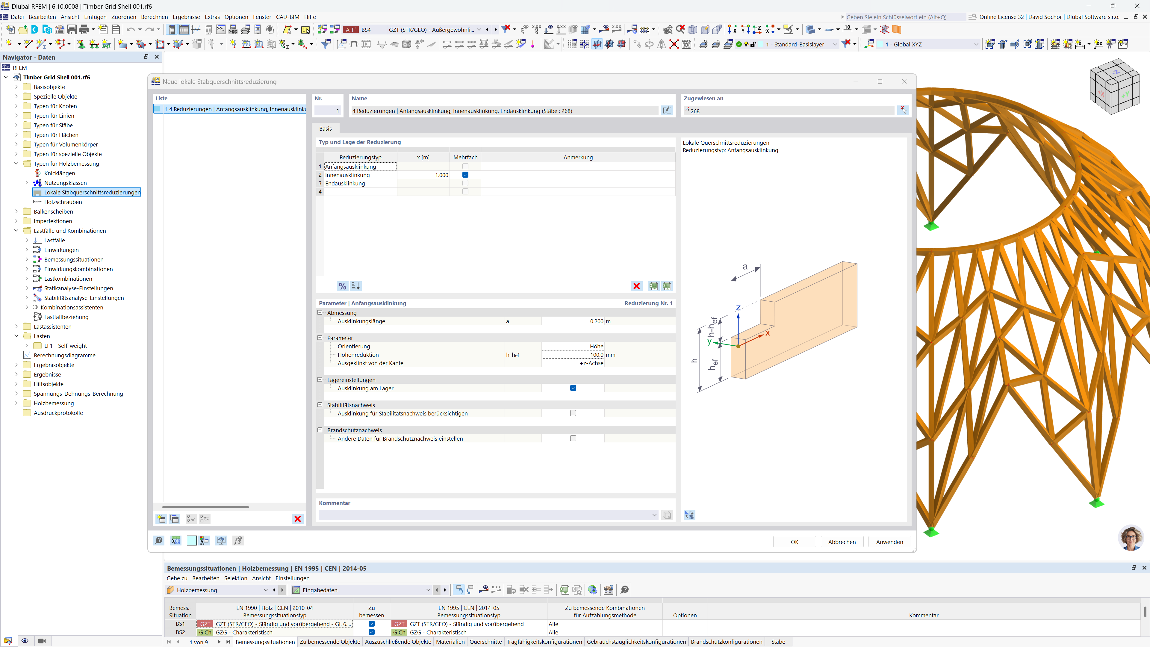 Dialog zur Definition von Querschnittsreduzierungen bei der Holzträgerbemessung zur effektiven Handhabung von Ausklinkungen.
