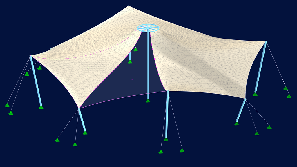 Membrankonstruktion, die in der Oberfläche des Add-Ons Zuschnitte in RFEM 6 hervorgehoben ist.