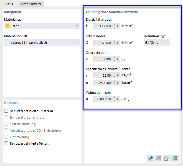 Abschnitt 'Grundlegende Materialkennwerte'