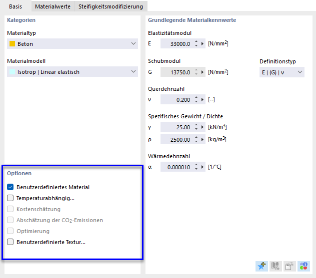 Abschnitt 'Optionen'