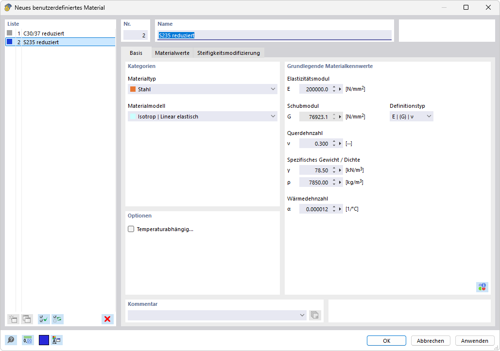 Dialog 'Neues benutzerdefiniertes Material'