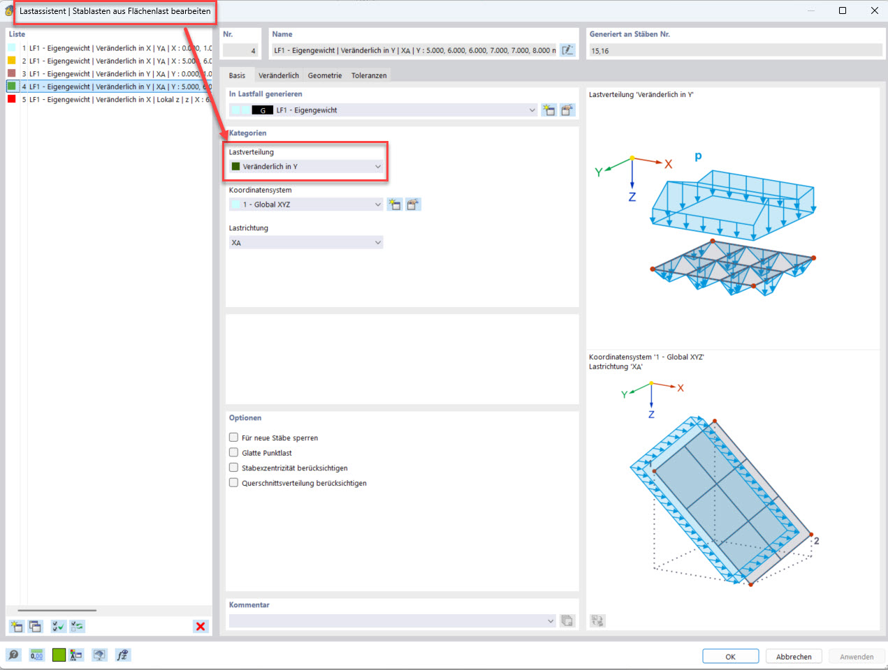 Dialogfenster zur Eingabe der Lastverteilung mit Details zu veränderlichen Lasten.