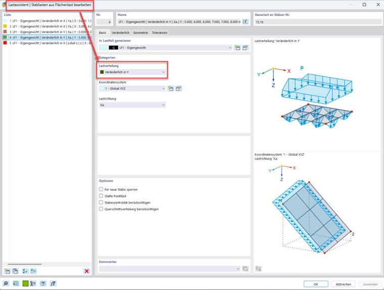 Dialogfenster zur Eingabe der Lastverteilung mit Details zu veränderlichen Lasten.