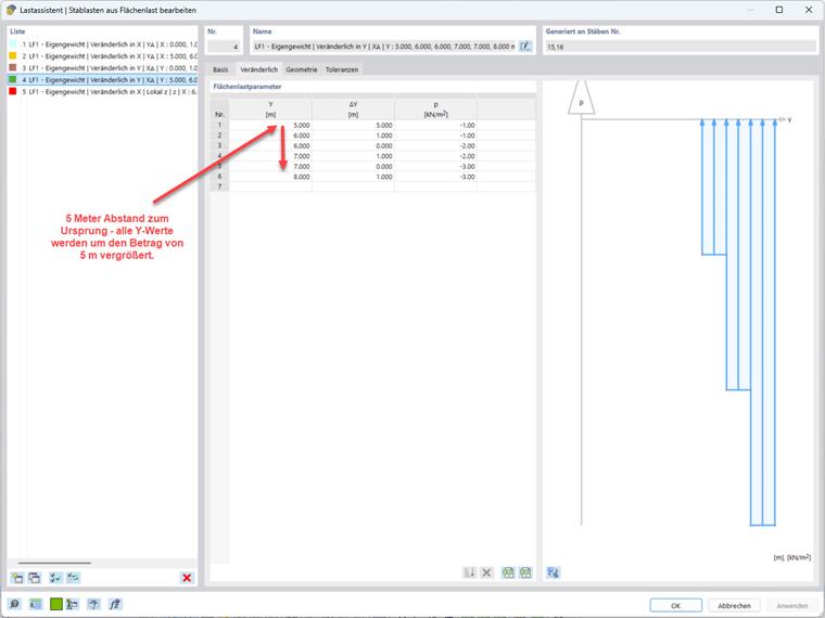 Bild zeigt ein Dialogfenster zur Eingabe der Lastkoordinaten in einem 3D-Modell. Das Fenster enthält Felder für X-, Y- und Z-Koordinaten einer Last, sodass diese präzise definiert werden kann.