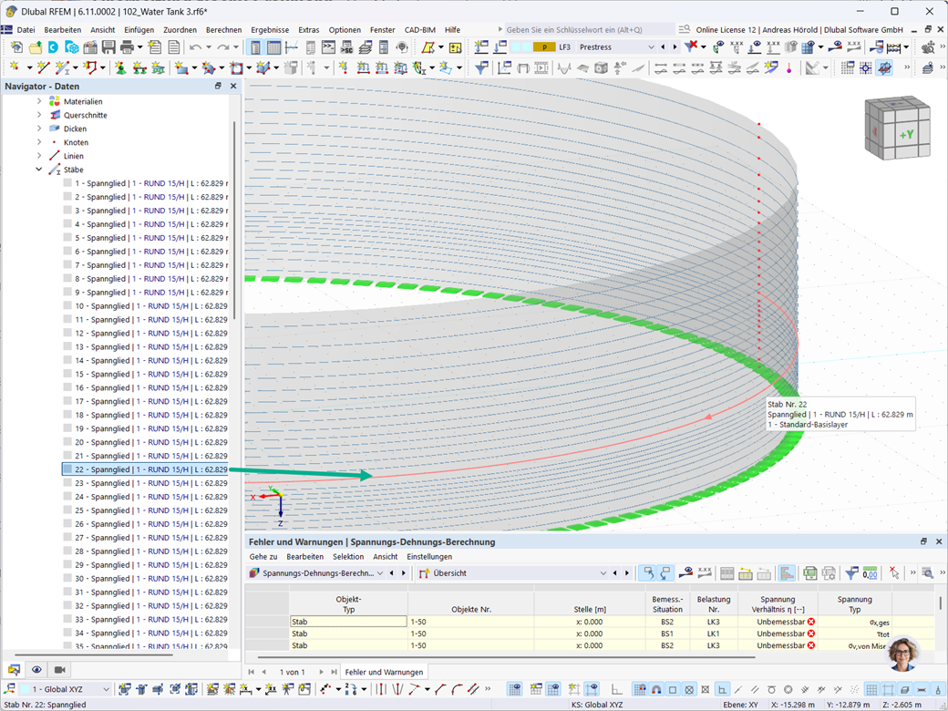 Detaillierte Ansicht von Spanngliedern in einem runden Spannbeton-Tank für strukturelle Integrität und Stabilität.