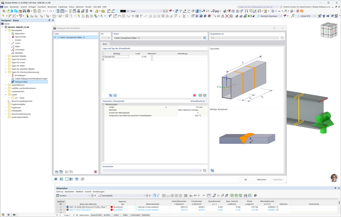 Dialogfenster zur Bearbeitung von Quernähten in RFEM 6 mit Optionen für die Aluminiumbemessung nach EN 1999-1-1.