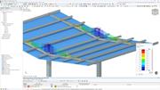 Umfassende Analyse der Aluminiumbemessung in RFEM 6 mit detaillierter Modellansicht, einschließlich Durchbiegungen und Grenzwertvergleichen.