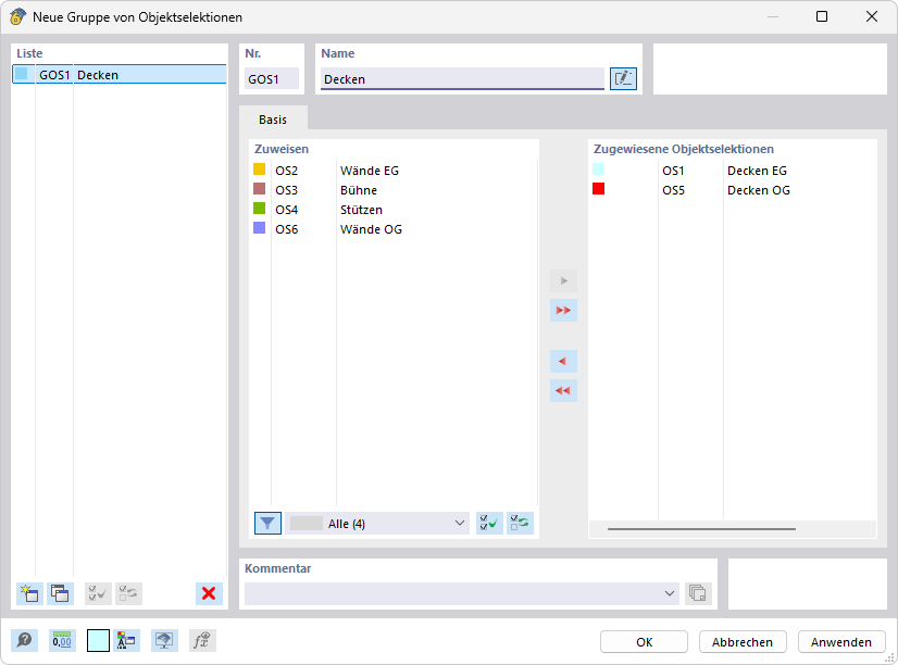 Dialog 'Neue Gruppe von Objektselektionen'