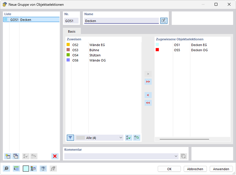 Dialog 'Neue Gruppe von Objektselektionen'