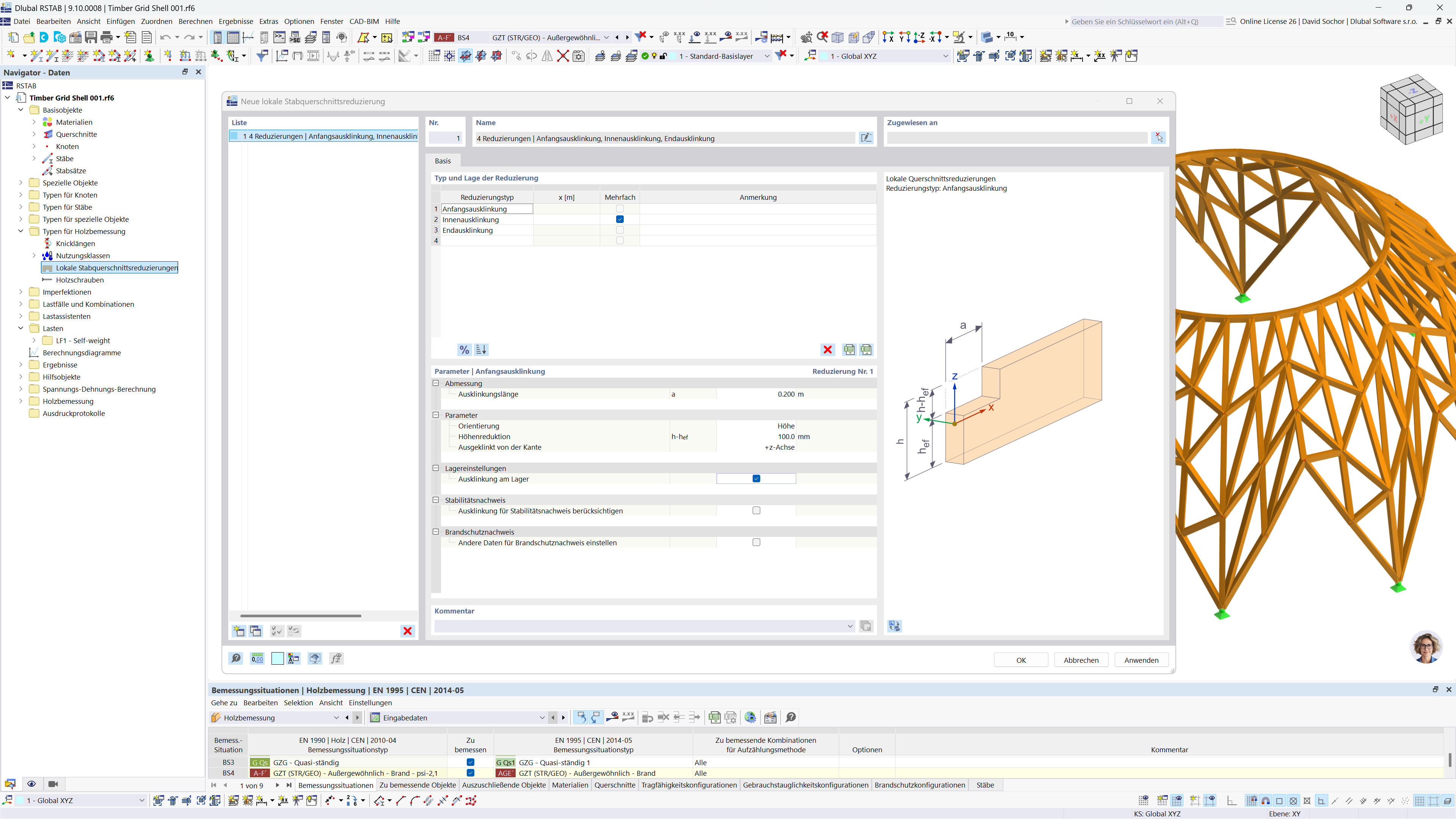 Dialog zur Definition von Querschnittsreduzierungen bei der Bemessung von Holzträgern zur effektiven Verwaltung von Ausklinkungen.