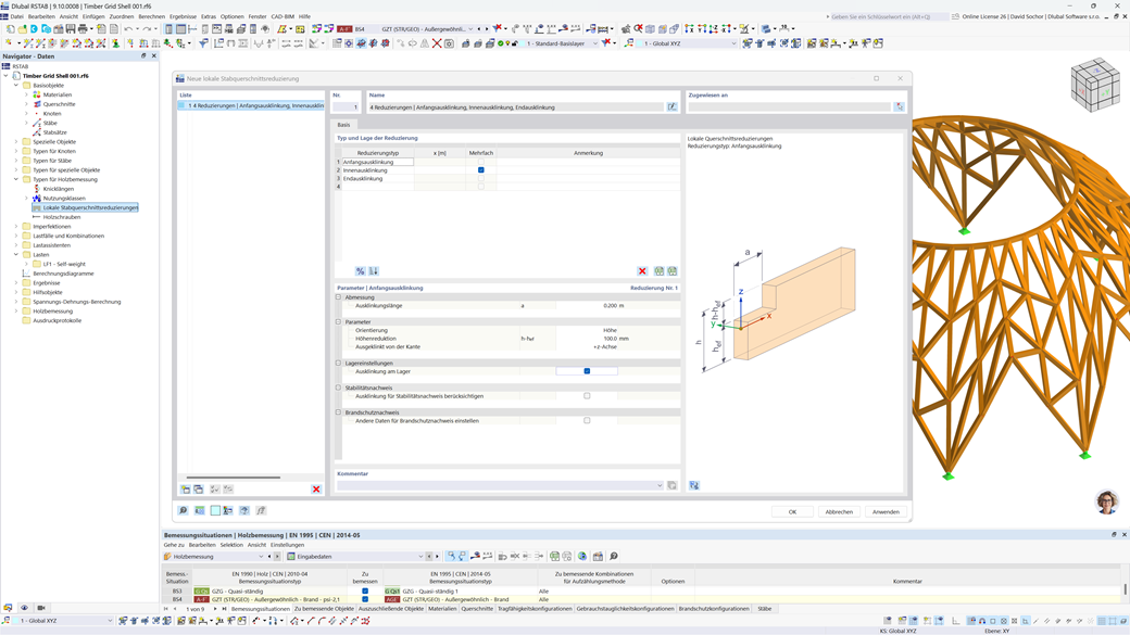 Dialog zur Definition von Querschnittsreduzierungen bei der Bemessung von Holzträgern zur effektiven Verwaltung von Ausklinkungen.