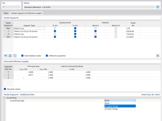 Holzbemessung mit Federparameter und Exzentrizitätsdefinition mit Gabellagerungen.