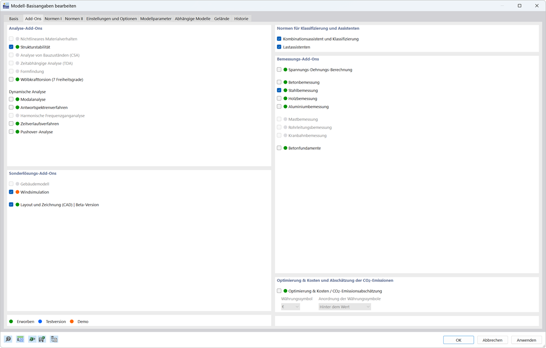 Dialogfenster mit Optionen zum Aktivieren von Add-Ons in RSTAB 9 für erweiterte Funktionen zur statischen Analyse.
